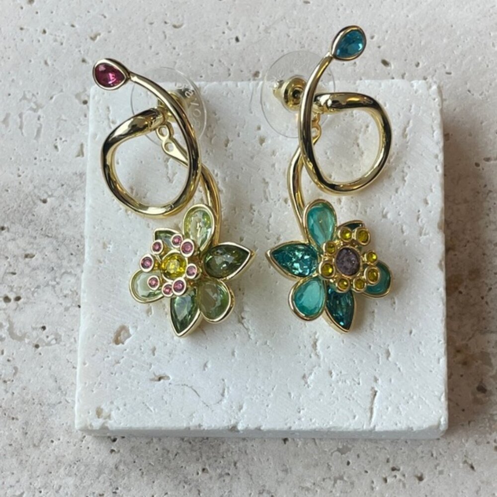 Swarovski Floral Drop Earrings Gold Tone Blue Pink Crystal Statement Dangle